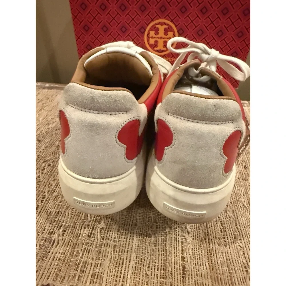 Tory Burch T Monogram Ladybug Court Sneaker 10.5M Beige Logo Red Leather Retro